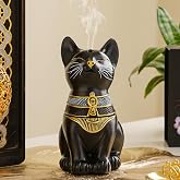 Egyptian Cat Statue Incense Burner, Vintage Resin Meditating Cat Incense Cone Holder, Home Office Aromatherapy Decor for Zen Yoga Spa (Black)