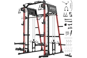 Mikolo Smith Machine, 2200lbs Squat Rack with LAT-Pull Down System & Cable Crossover Machine, Training Equipment with Leg Hold-Down Attachment