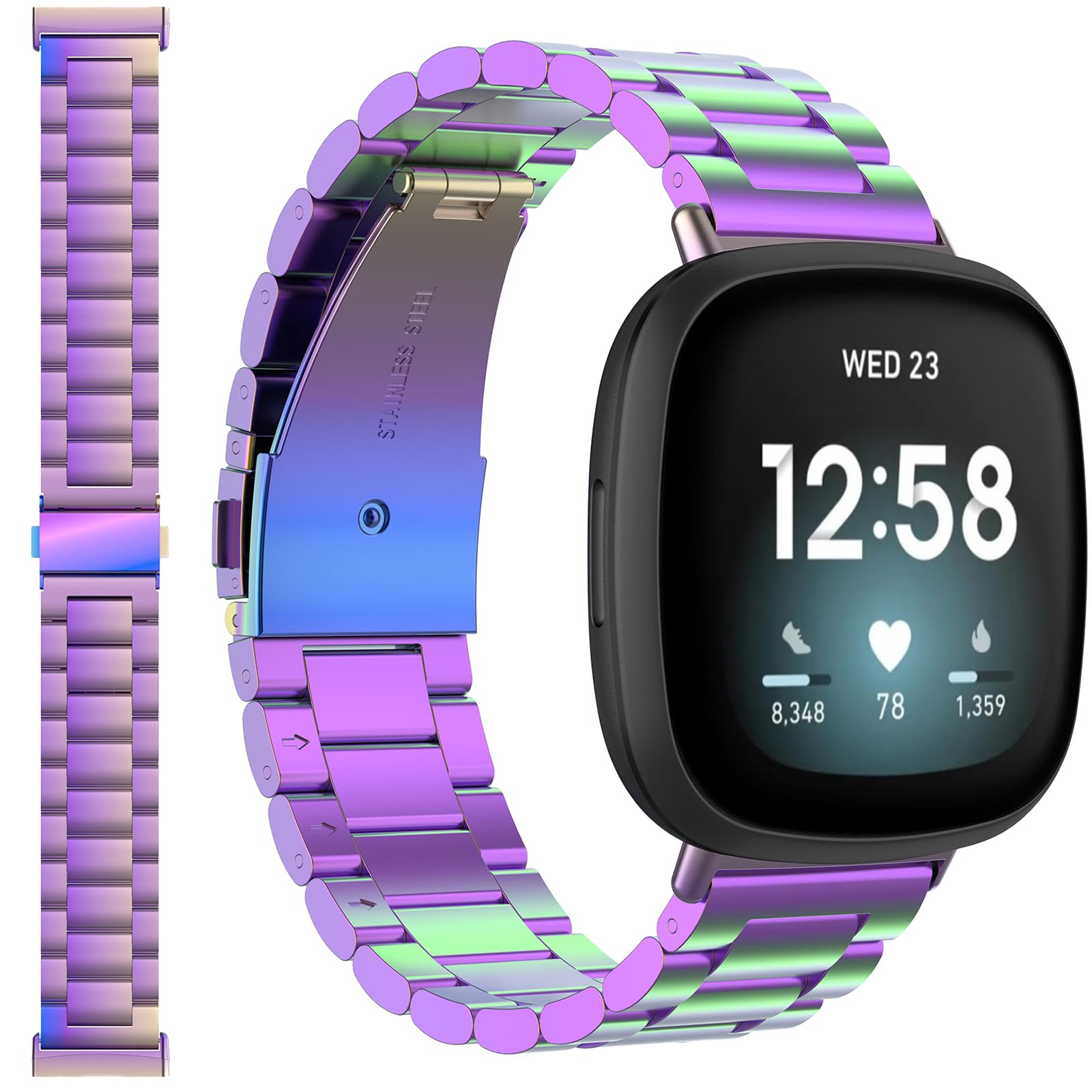 Miimall Metal Strap Compatible with Fitbit Versa 4/Fitbit Versa 3/Fitbit Sense 2/Fitbit Sense, Stainless Steel Band with Folding Clasp, Adjustable Replacement Bracelet Wristband, Colorful