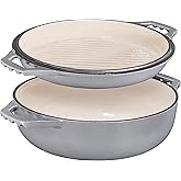2-in-1 Enameled Cast Iron Cocotte Double Braiser Pan with Grill Lid 3.3 Quarts - Barbecue Grill Non Stick Frying Pan - Casserole Cookware Wide Handle (Grey)
