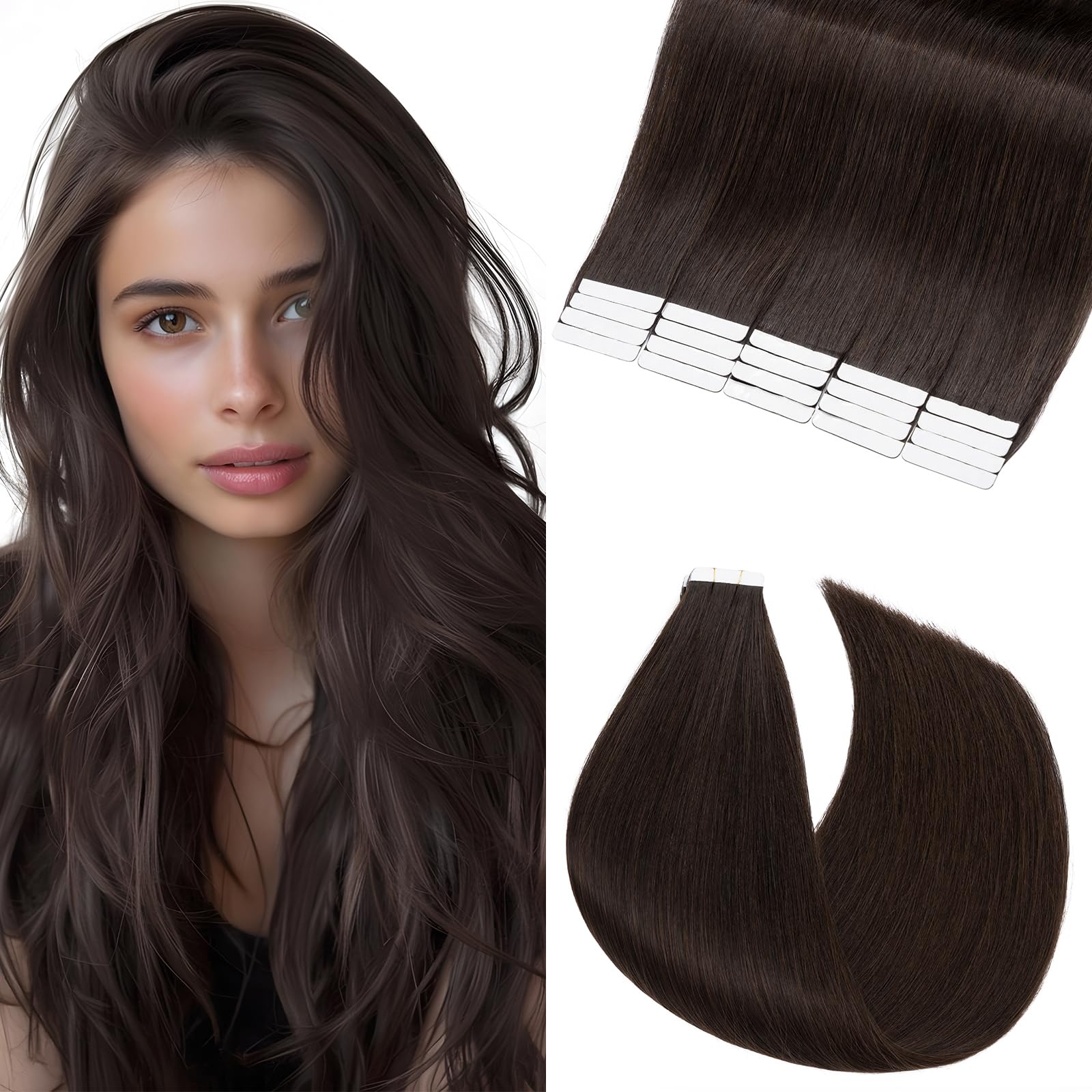 Elailite Tape in Hair Extensions Human Hair 50g/pack Invisible Straight Seamless Skin Weft Remy Hair Extensions Tape in Human Hair (#2 Dark Brown, 24 Inch) — image 1