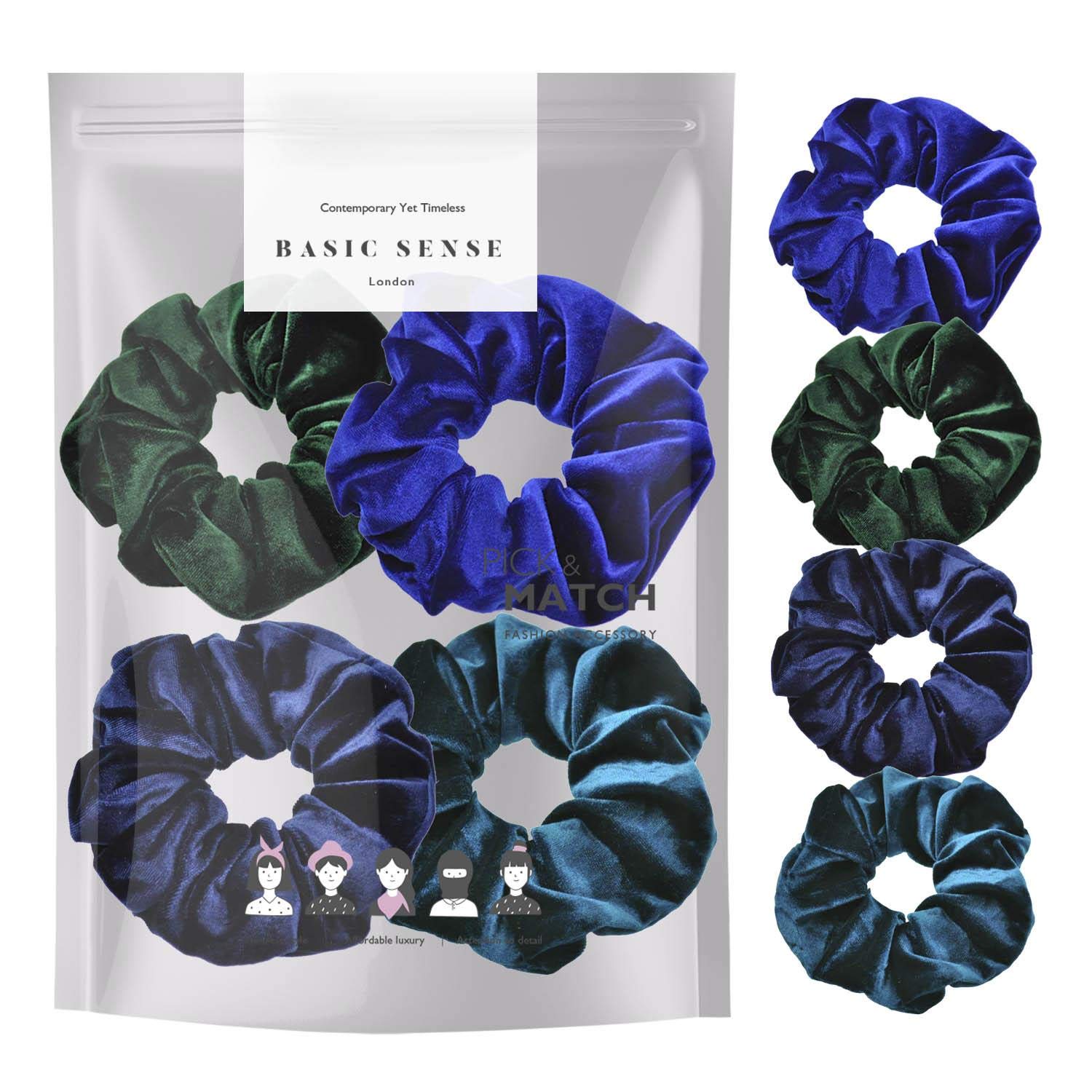 4 PCS SET Premium Large Hair Velvet Scrunchies Ties Bands Updo Ponytail Bobble Scrunchy Holder For Women Girl Kids, Blue Tone Combo Pack