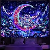 Huzuya Blacklight Skull Tapestry UV Reactive Galaxy Space Tapestries Psychedelic Moon Wall Tapestries Skeleton Lovers Wall Hanging for Bedroom Decor