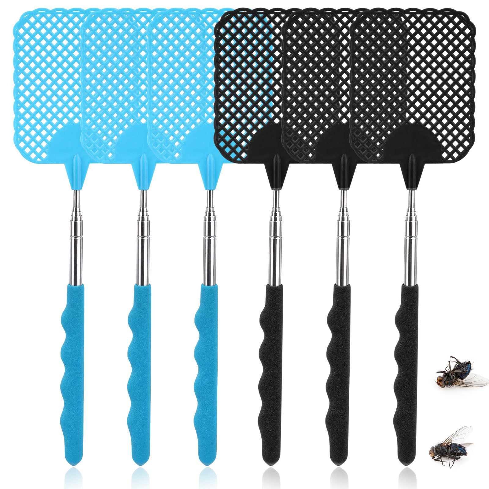 TAKUZA Fly Swatter Pack of 6 Extendable Fly Swatter Stable for Used to Repel Flies, Wasps, Mosquitoes and Other Insects (Black, Blue)