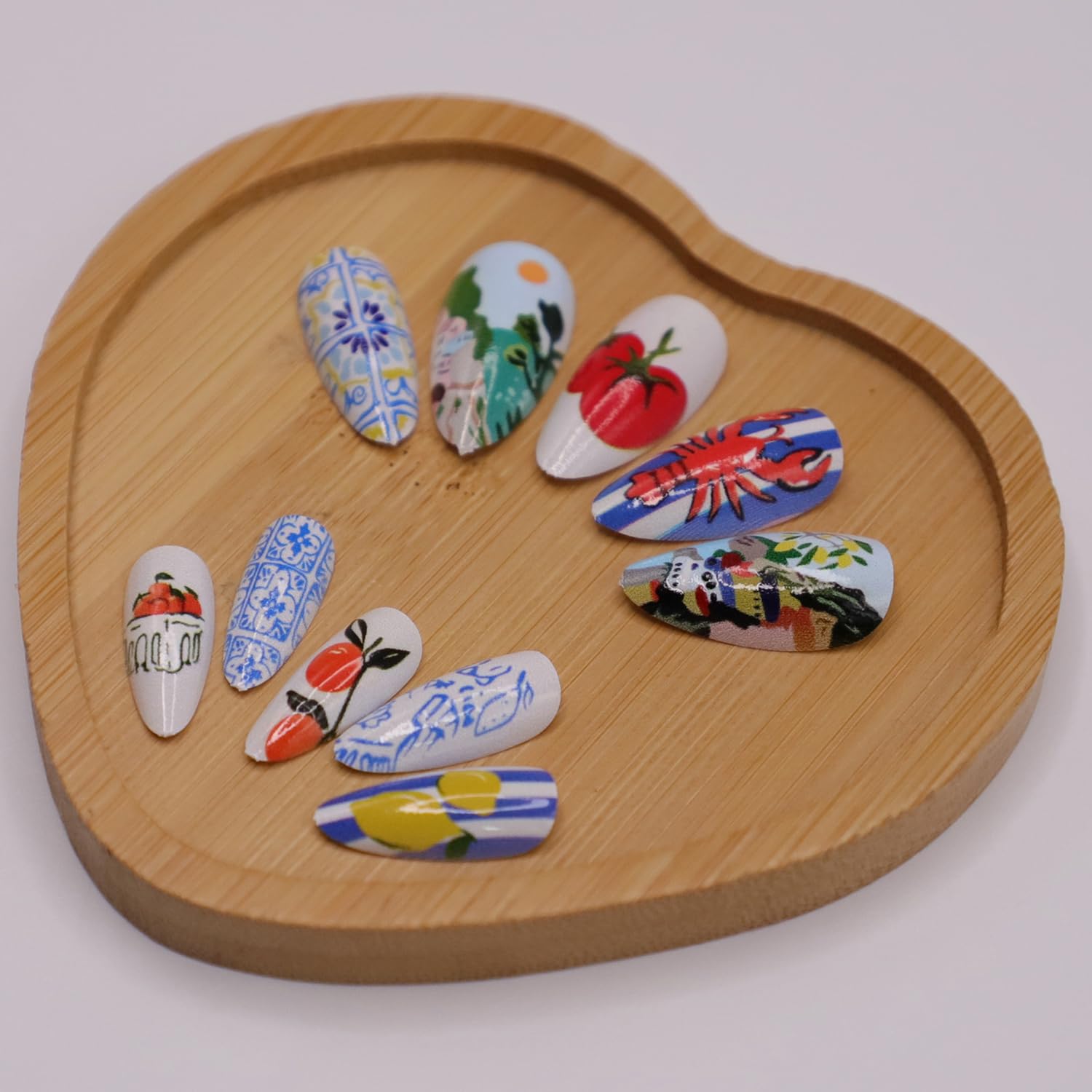 RIICFDD Holiday Nails Almond Press on Nails Short Fake Nails Fruit Acrylic Nails Shrimp Nails Press ons with Blue White Stripe Design Full Cover Glossy Glue on Nails for Women Artificial Nails 24 Pcs - Image 3