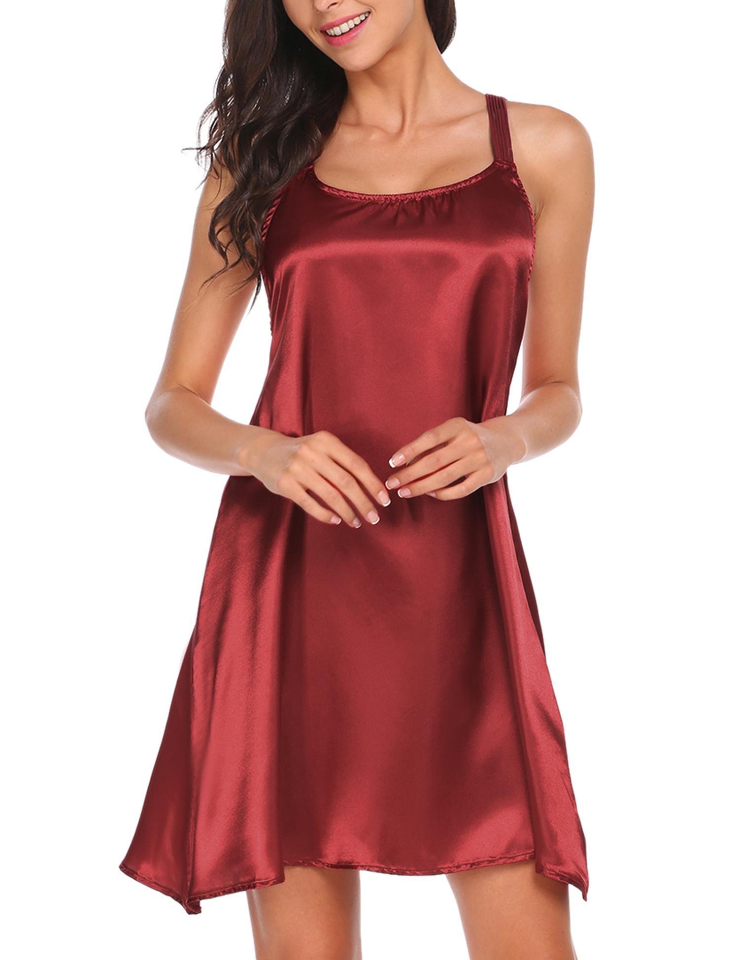 Pintimi Women\'s Red Satin Lingerie Set Silk Nightgown Nightwear With G-String