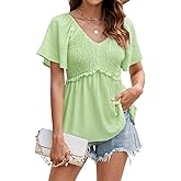 HEYTALALA Women's Summer Peplum Tops Ruffle Trim Short Sleeve Casual V Neck Smocked Blouses Dressy Shirt