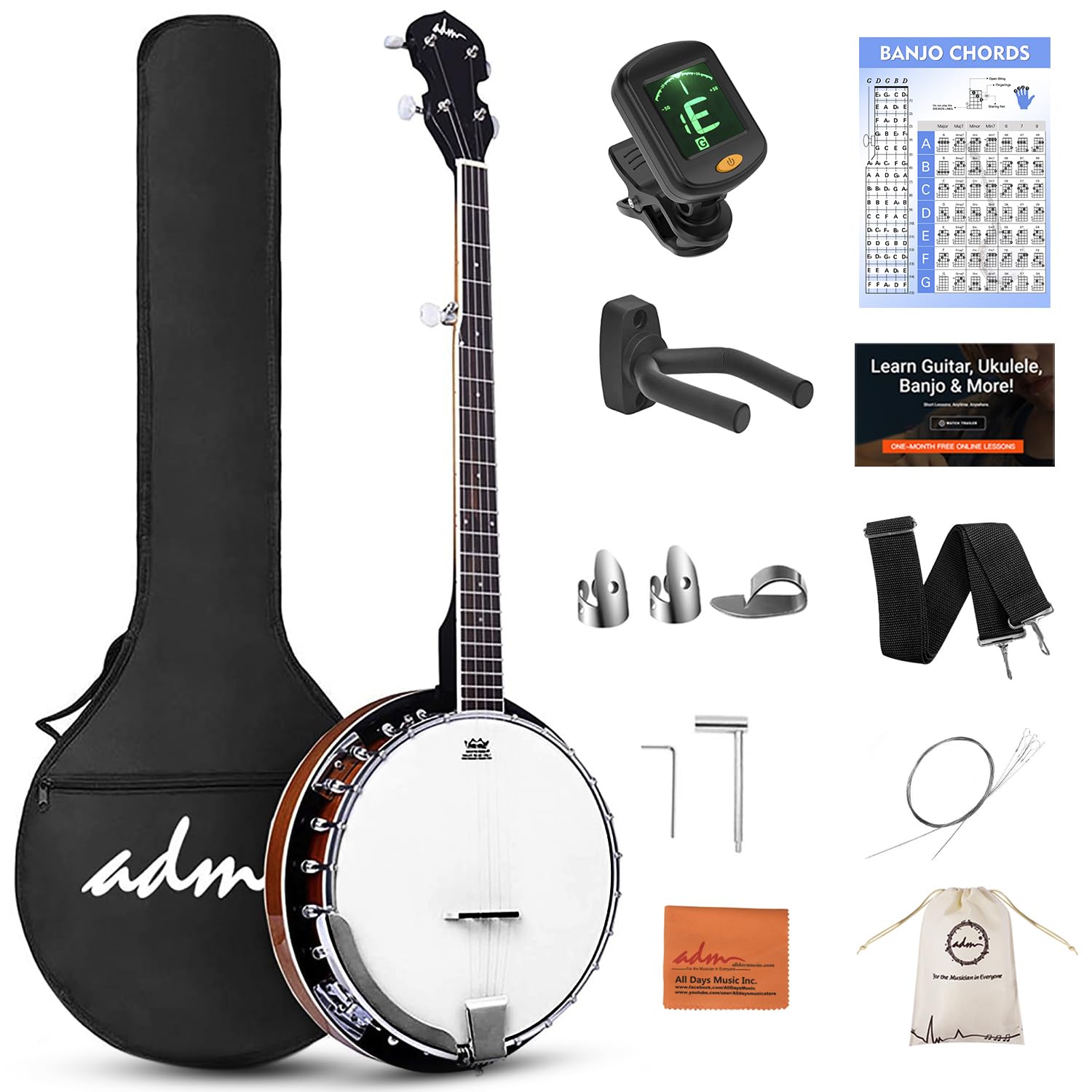 Photo 1 of ADM Banjo 5 String Full Size Banjoes Set, 38 Inch Beginner Banjo Kit with Resonator, Remo Drum Head, Open or Closed Back, Gift Package Free Lessons Starter Accessories for Adults Teenager, Brown
