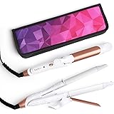 AmoVee 2 in 1 Mini Flat Iron Curling Iron Travel Hair Straightener with Ceramic Tourmaline Coated, Dual Voltage, 1 inch, Carr