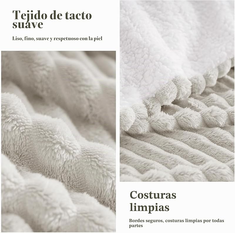 Manta Cama Invierno para Cama 180/200, Sherpa Franela Reversible Polar con Cordón para Sofá, Borreguito Gruesa, Suave, Caliente, Sillón, Transpirable para Invierno (Beige, 220 x 240 cm)