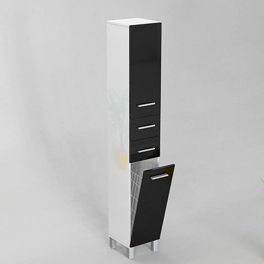 Gabi Sw15 30 Badezimmerschrank Hochschrank Mit Zwei Schubladen Und Waschekorb Korpus Weiss Hochglanz Front Schwarz Hochglanz Amazon De Kuche Haushalt