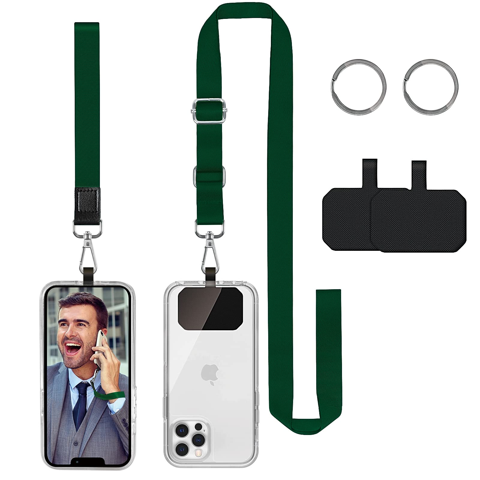 DGHYDZ Cell Phone Lanyard, Universal Crossbody Lanyards Adjustable Shoulder Neck Strap with wrist lanyard, 2 Key Rings, 2 Phone Tether Pads Compatible Most Smartphones (6-Dark Green)