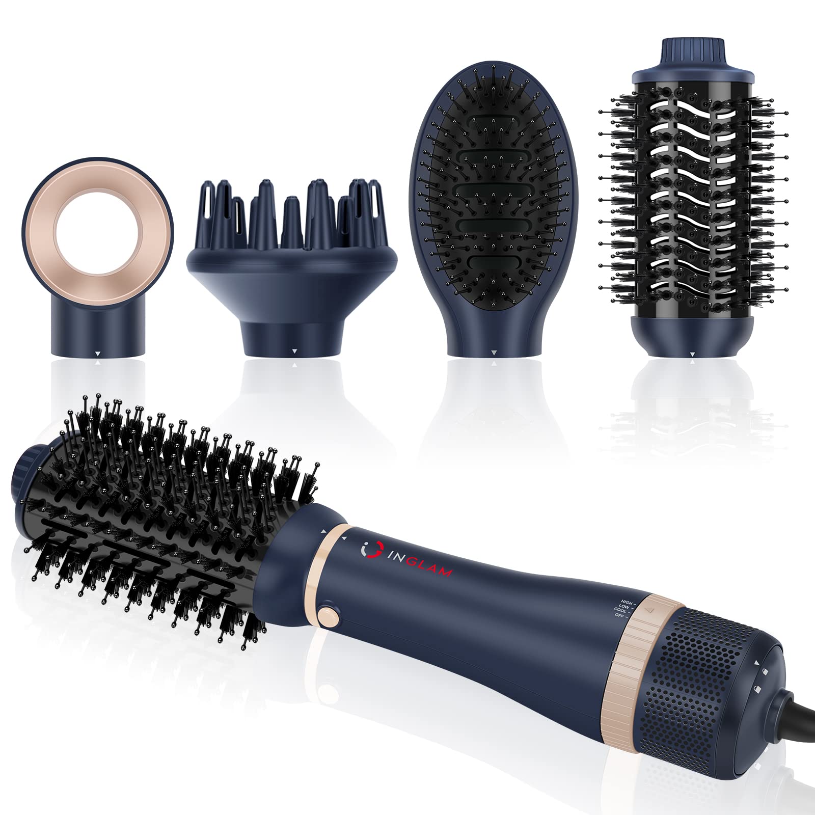 Photo 1 of Hair Dryer Brush Set, IG INGLAM 4 in 1 Blowout Brush, Negative Ion Detachable Hair Dryer & Styler Volumizer Hot Air Hair Dryer Brush with 2 Styling Brush Heads, Prussian Blue