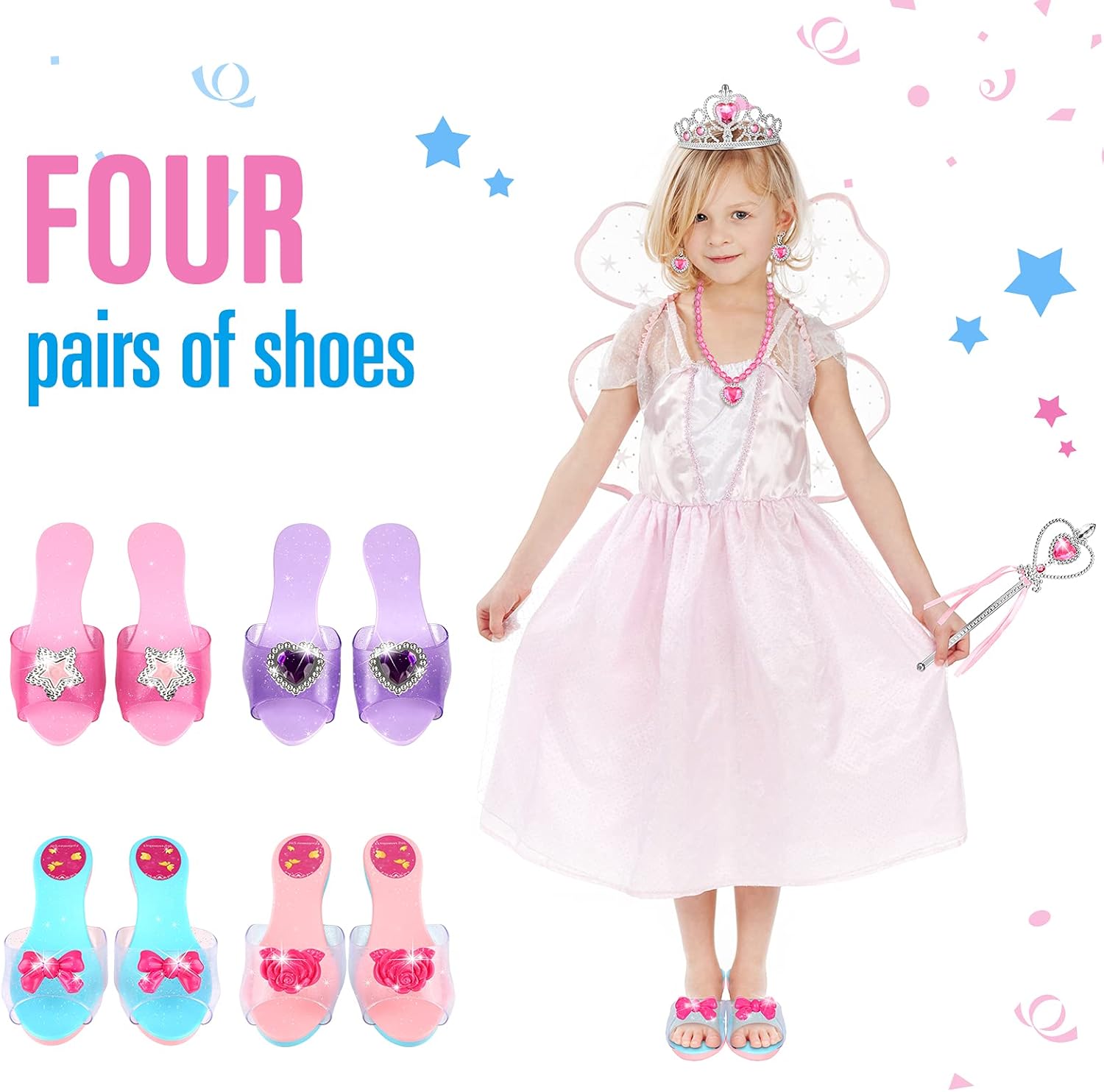 SUPER JOY Princess Dress Up Shoes & Jewelry Boutique - Pretend Princess Toys, 4 Pairs Play Shoes and Multiple Fashion Jewelry Accessories Girls Role Play Beauty Gift Toys for Age 3 4 5 6 Year Old: Toys & Games