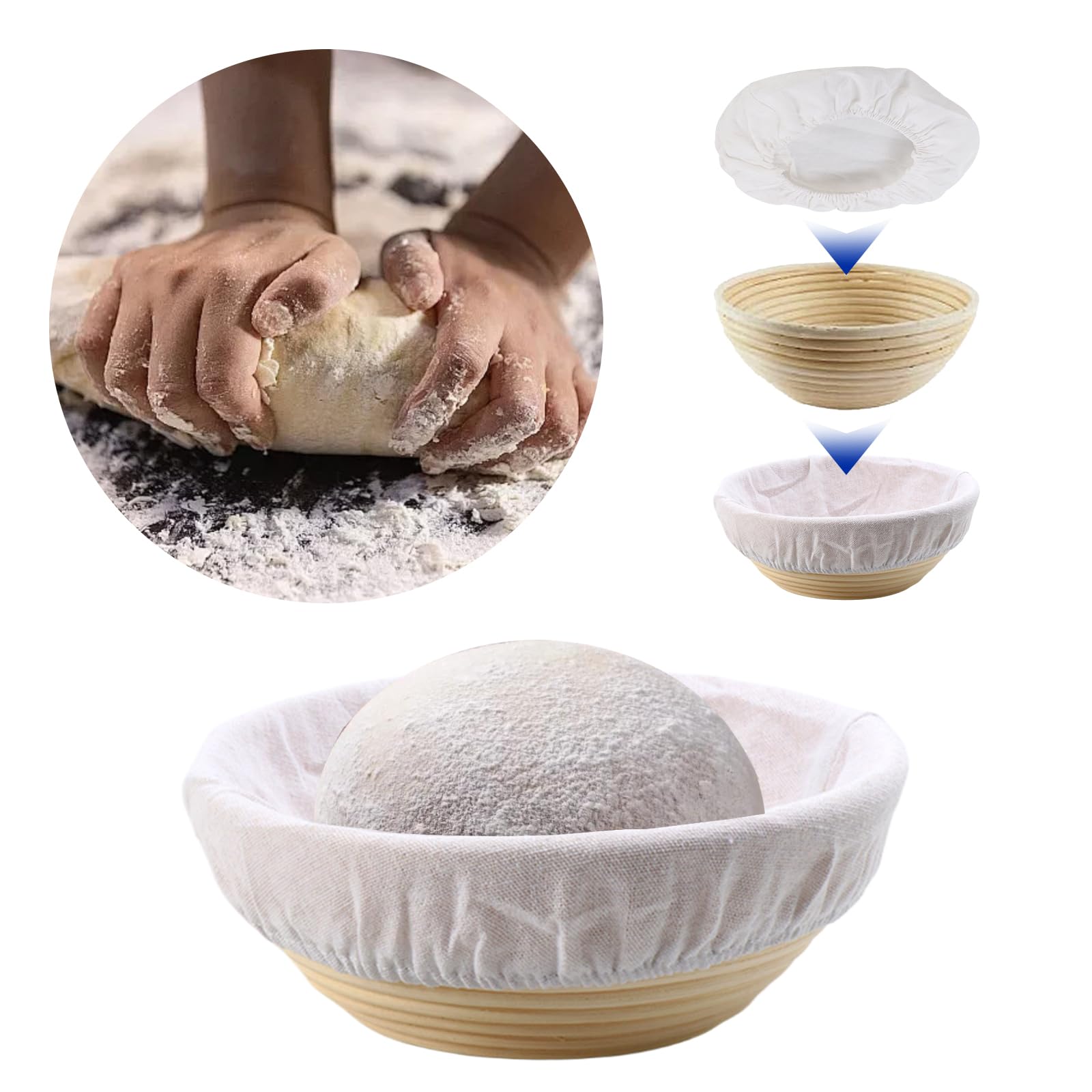 6pcs White Rattan Banneton Bread Proofing Basket Linen Liner Cloth Cover Fit 8" 9" 10" Round Banneton Proving Basket (Round Size)