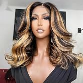 180% Density Balayage Body Wave Human Hair HD Lace Front Wigs with Bleached Knots Baby Hair Dark Brown Mix Honey Blonde Highlight Loose Wave 13X4 HD Invisible Lace Frontal Wigs Black Root 10Inch