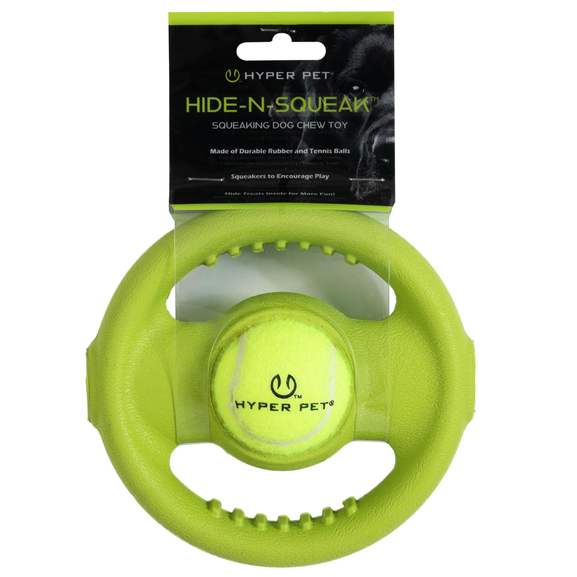Hyper Pet Hide-N-Squeak Wheel Dog Toy Rubber Wheel and Tennis Ball Fetch Chew Toy for Dogs Interactive Treat Toy