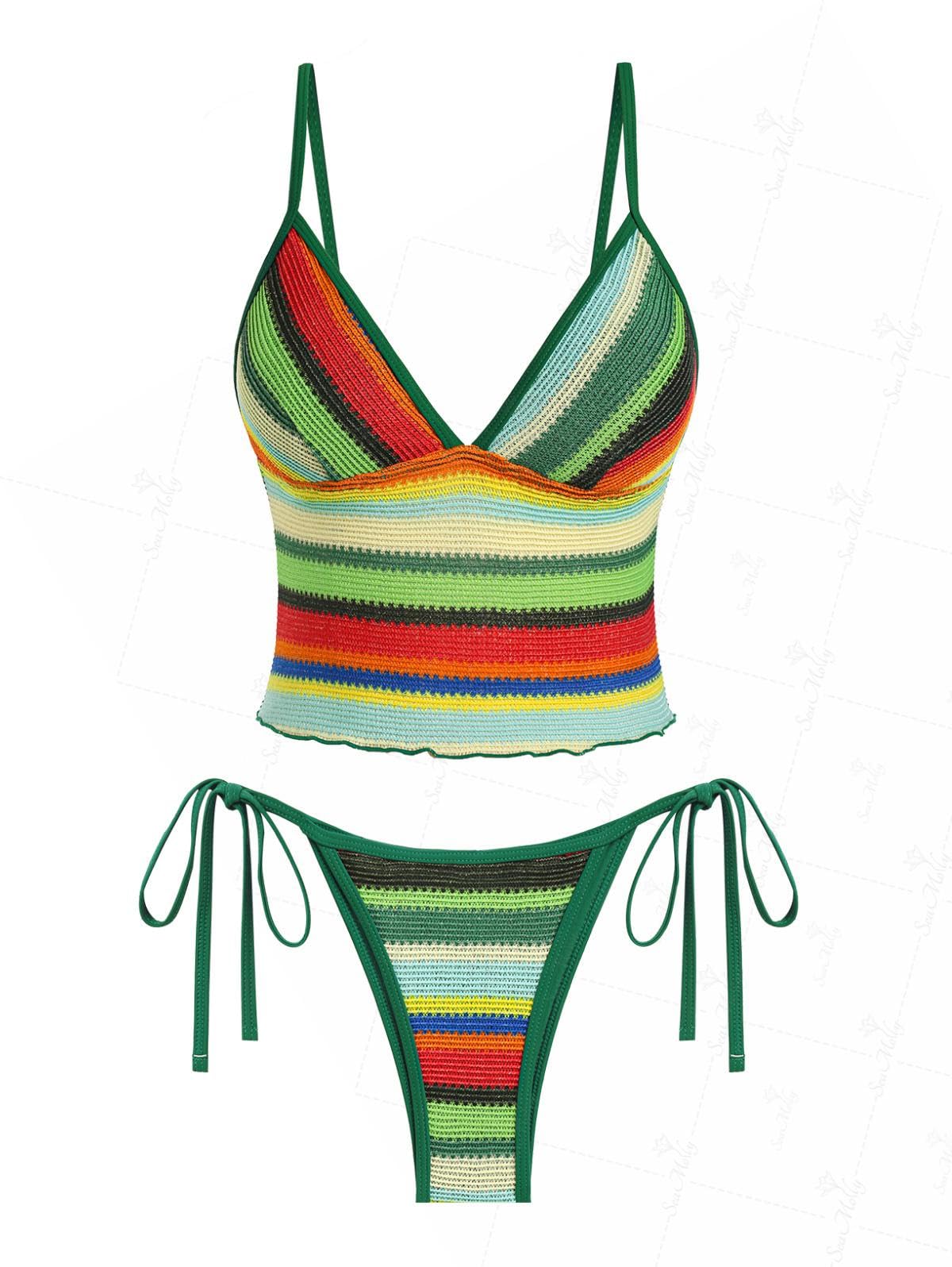 Photo 1 of seamoly Colorblock Stripes Tie Side Tankini Set, Deep Green, L