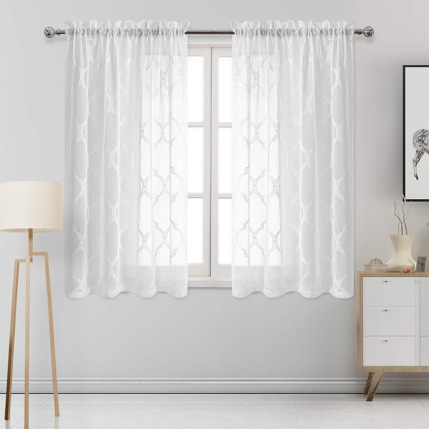 DWCN Embroidered Sheer Curtains - Faux Linen Moroccan Geometric Trellis Semi Voile Bedroom and Living Room Curtains, Set of 2 Rod Pocket Window Curtain Panels, 52 x 45 Inch Length, Off White