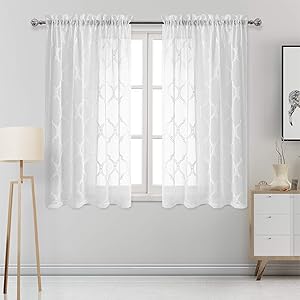 DWCN Embroidered Sheer Curtains - Faux Linen Moroccan Geometric Trellis Semi Voile Bedroom and Living Room Curtains, Set of 2 Rod Pocket Window Curtain Panels, 52 x 45 Inch Length, Off White