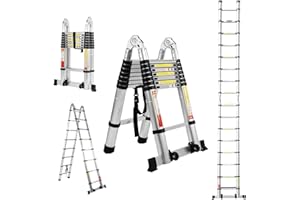 BOWEITI Telescoping Extension Ladder, 16.5FT Telescoping A Frame Ladder with Balance Bar and Movable Wheel,Household Use Folding Ladder,Multi-Purpose Collapsible Ladder for Outdoor Work