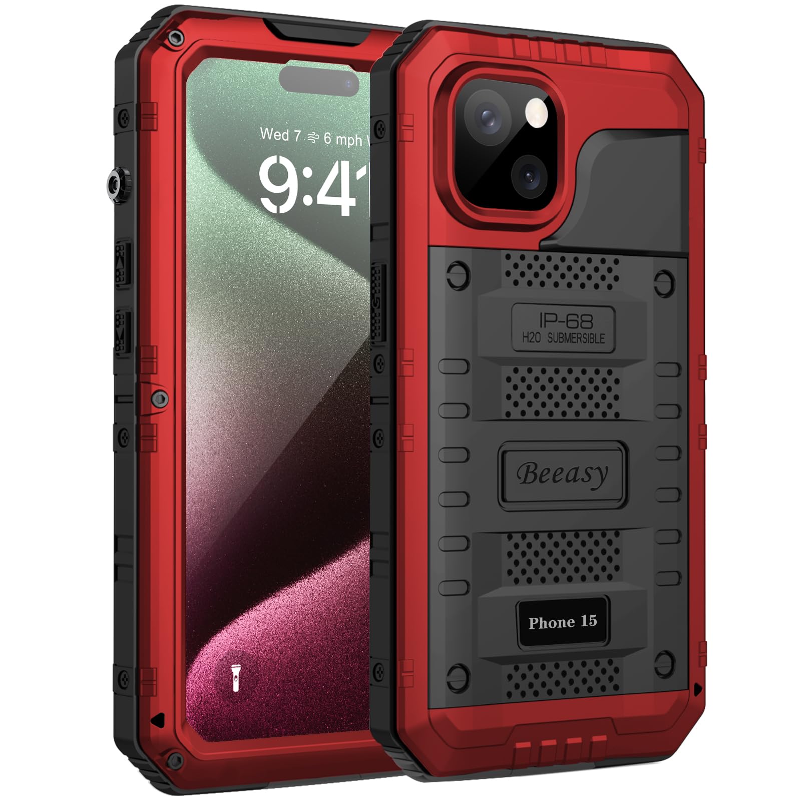 Beeasy for iPhone 15 Case Waterproof Heavy Duty Tough Metal Armour Cover Shockproof Dustproof Built-in Screen Protector, Robust 360 Full Body Military Protective Rugged Case for iPhone 15 6.1inch Red
