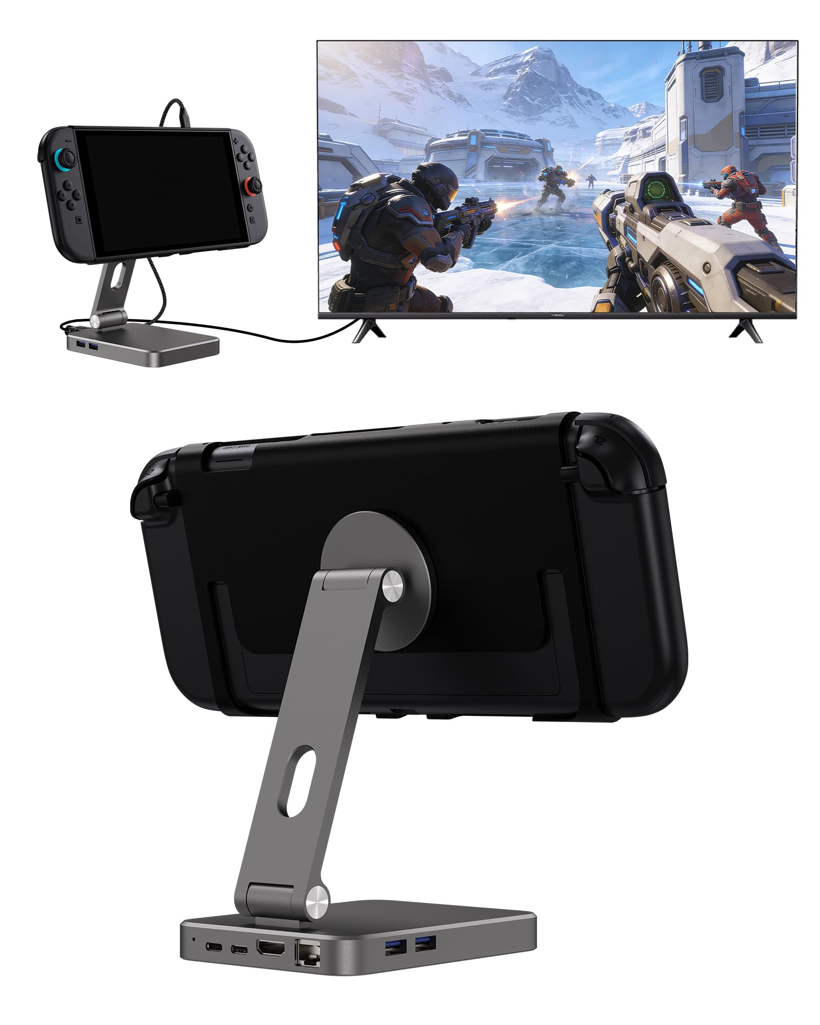 Antank 2 in 1 Magnetic TV Dock & Foldable Stand for Nintendo Switch 2, Portable TV Docking Station, 4K@120Hz HDMI, Gigabit Ethernet, 100W Input, 2 USB Ports, Aluminum Alloy Stand for Switch 2 & iPhone