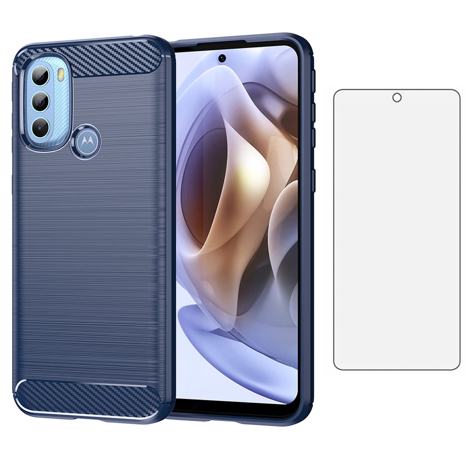 Asuwish Compatible with Motorola Moto G31/G41 Case and Tempered Glass Screen Protector with Cell Accessories Shockproof Soft Slim Carbon Fiber Phone Cover for MotoG31 G 31 41 G31Case Women Men Blue