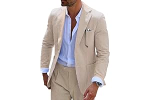 FXZPIODI Seersucker Slim Suits for Men Formal Casul Summer Beach Wedding Grooms 2 Piece Blazer Pants Party Striped Suit Sets