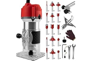 WWahuayuan Compact Wood Router Tool 110V Electric Hand Woodworking Trimmer Palm Router kit with Gloves 15 PCS Router Bits (800W)