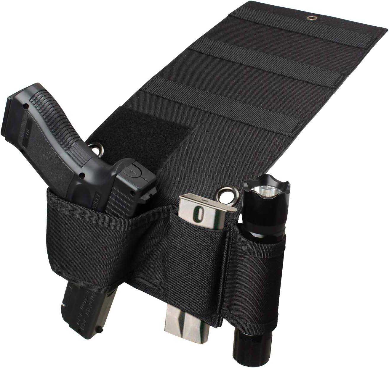 Explorer Tactical Adjustable Under Mattress Bed Seat Vehicle Car Pistol Handgun Gun Holster Holder Universal with Tactical Flashlight Loop (Black)