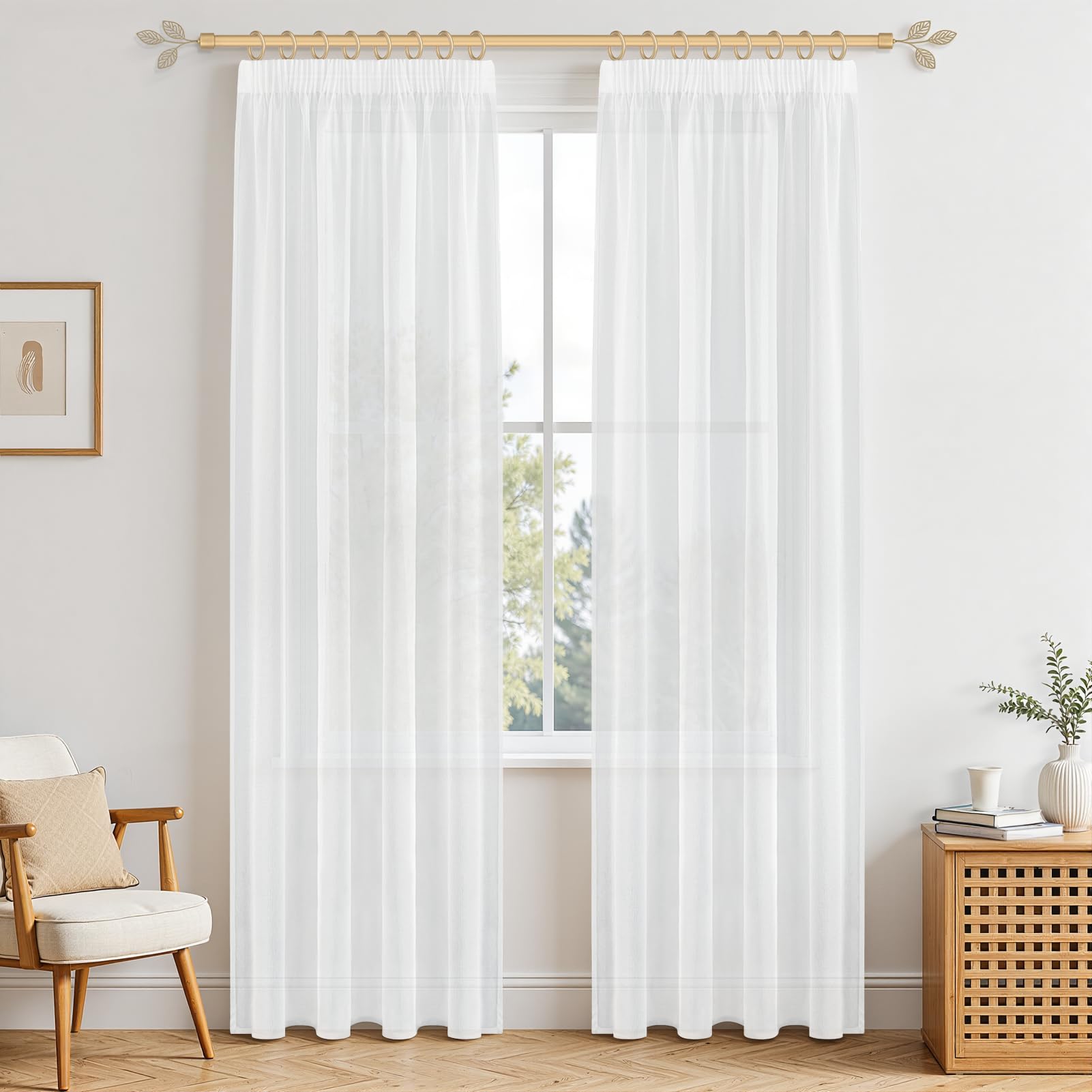 MRTREES Faux Linen White Voile Curtains for Living Room Bedroom 88 Drop 2 Panels Door Sheer Curtains Pencil Pleat Curtain for Patio Door 55x88 Drop 140cm x 225cm