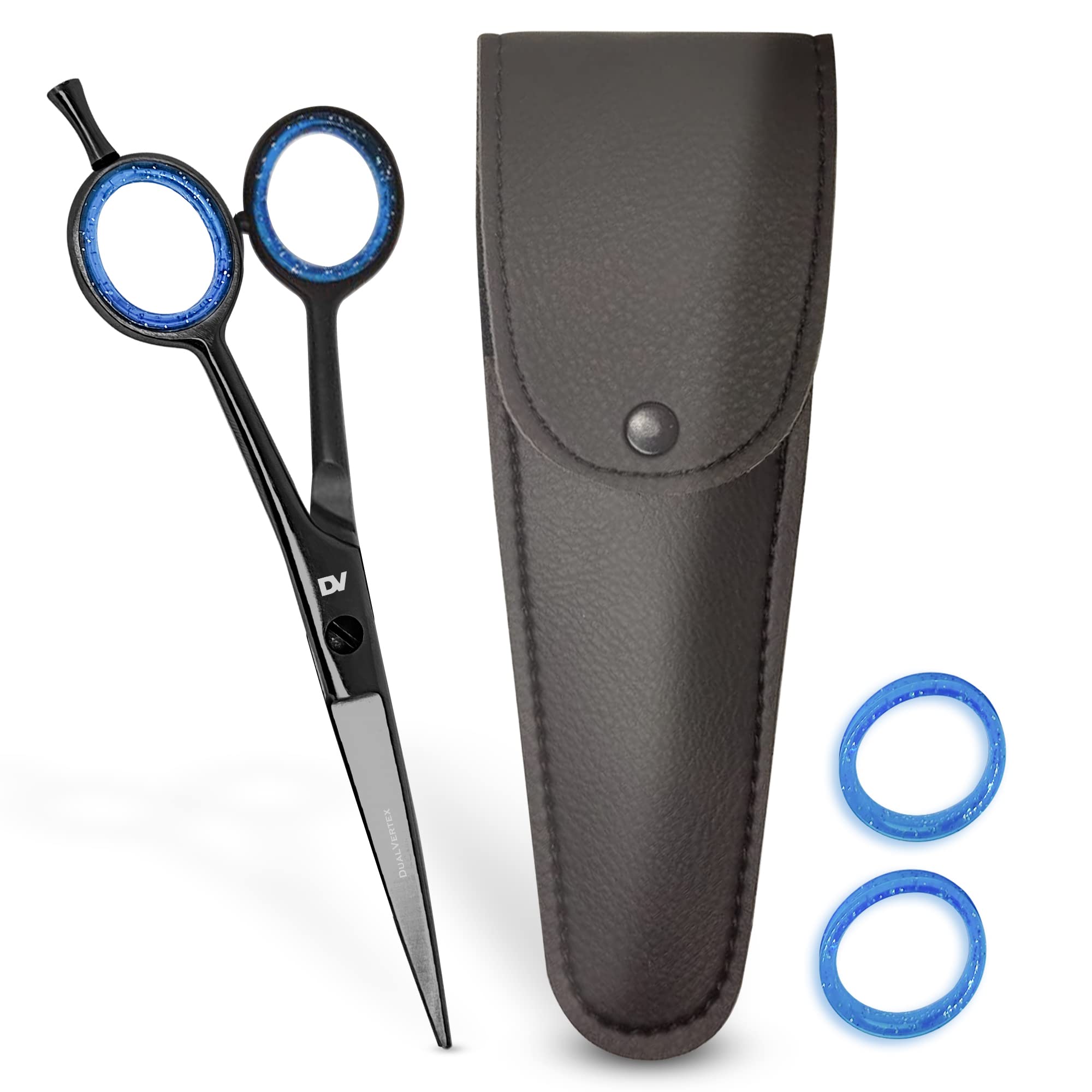 Black Hair Cutting Scissor - 6.5” (16.5cm) Hairdressing Scissors, Stainless Steel Barber Shears with Removable Rubber Finger Inserts & Leather Case – Suitable for Everyone