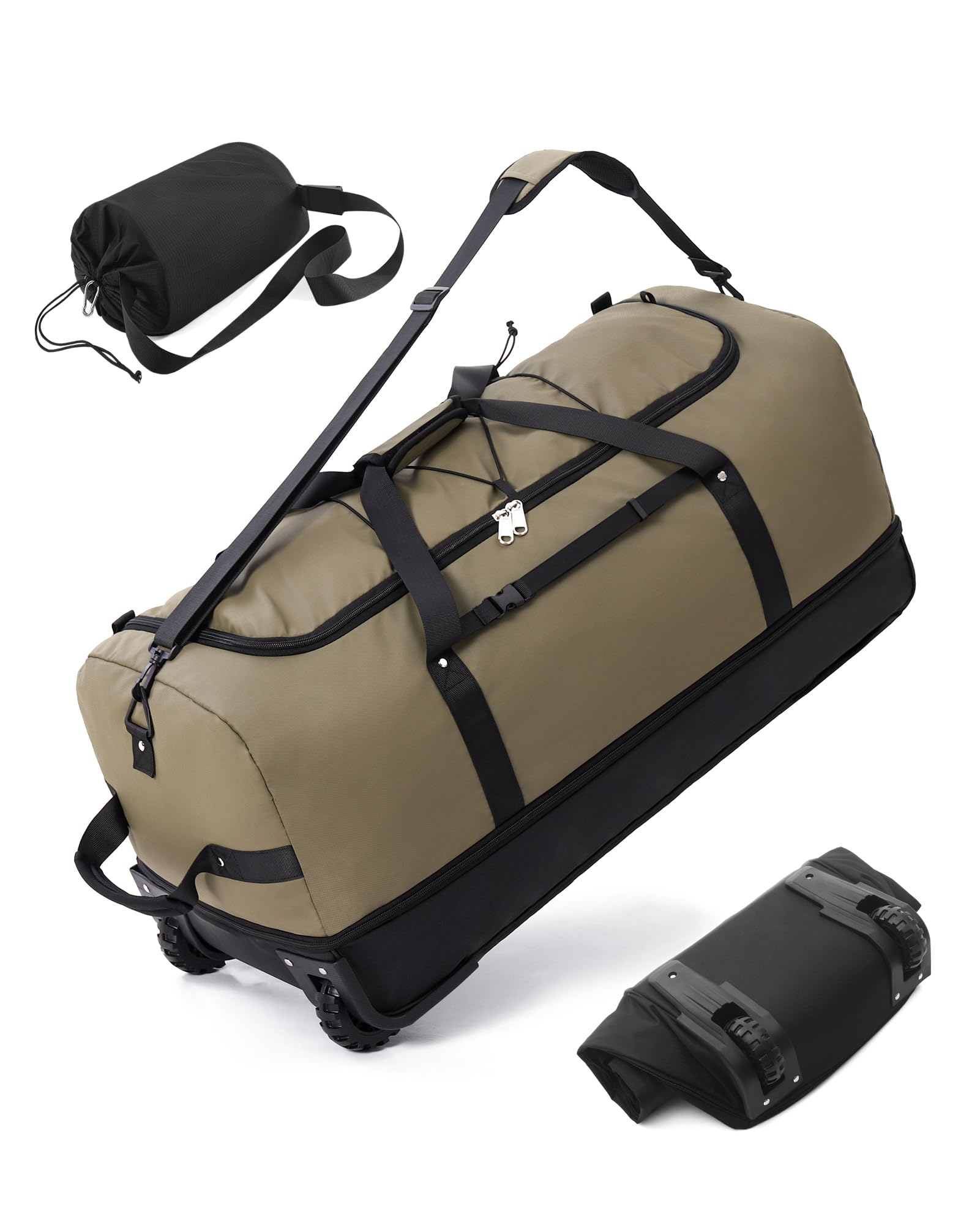 CONTAIL 32”110L Expandable 140L Rolling Duffle Bag with 2 Inline Wheels,Convertible Weekend Travel Bag with Bungee-Cord System,Army Green