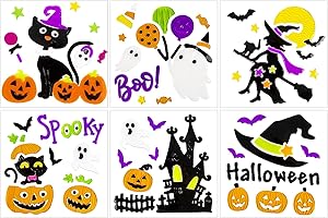 HOHUCRAB 6 Sheets Halloween Window Clings Gel,Witch, Witch Hat, Black Cat, Castle Halloween Window Clings for Glass Windows, Halloween Window Decorations