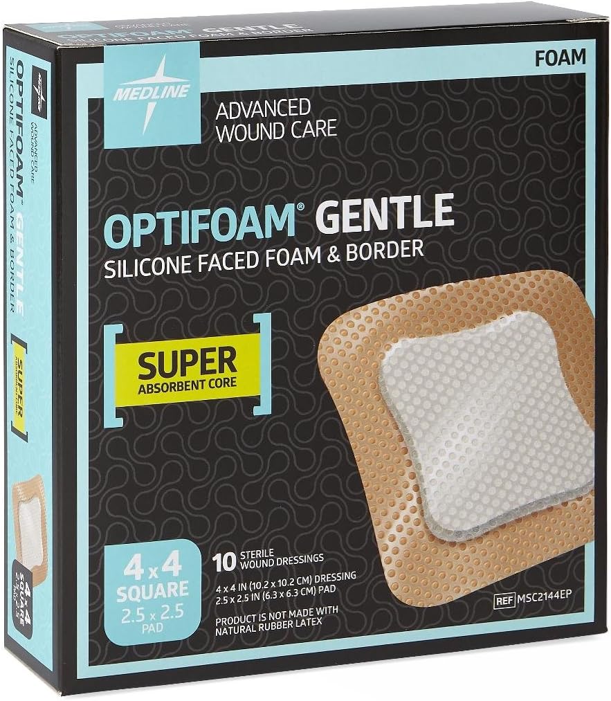 Optifoam Gentle Silicone Faced Foam Dressing 4" x 4" Adhesive Border (Box of 10), Medline # MSC2144EP
