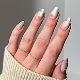 Glamnetic Press On Nails - Sanded | Short Almond Nude Fake Nails with Raised Gold Shell Accents, Reusable Summer Nails | 15 S