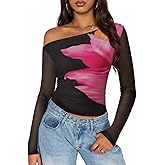 ZESICA Women's Floral Off Shoulder Long Sleeve Tops 2026 Spring Mesh Ruched Fitted Trendy Going Out Shirts Blouses