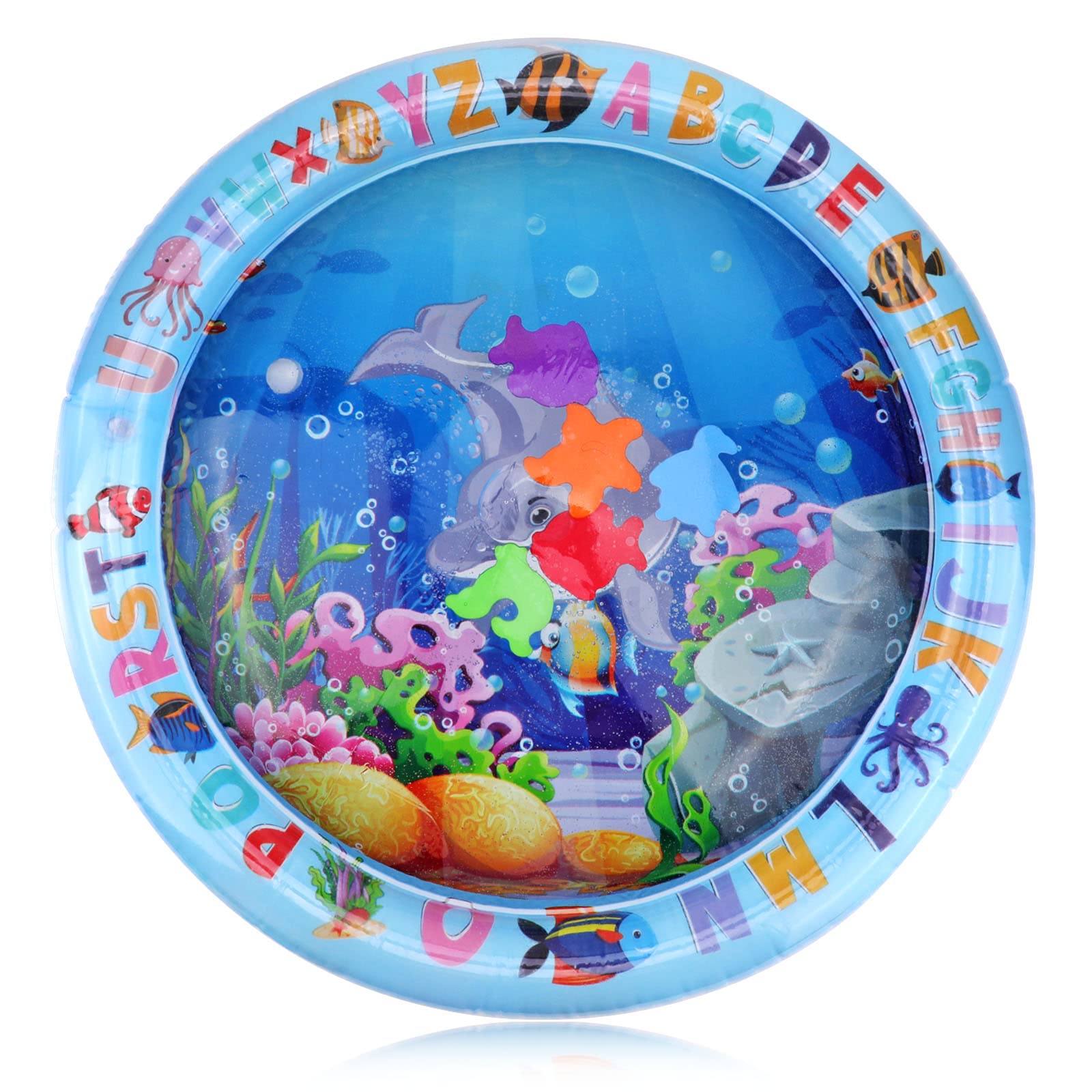 Inflatable Tummy Time Premium Watermat Infants & Toddlers, Round Kids Play Patted Pad with Pump, Portable Play Activity Center for Baby's Stimulation Growth Baby Stuff for Newborn Toys(Dolphin)