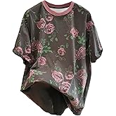 SHENHE Women's Plus Size Graphic Tee Shirt Rose Print Crew Neck Short Sleeve Loose T Shirt