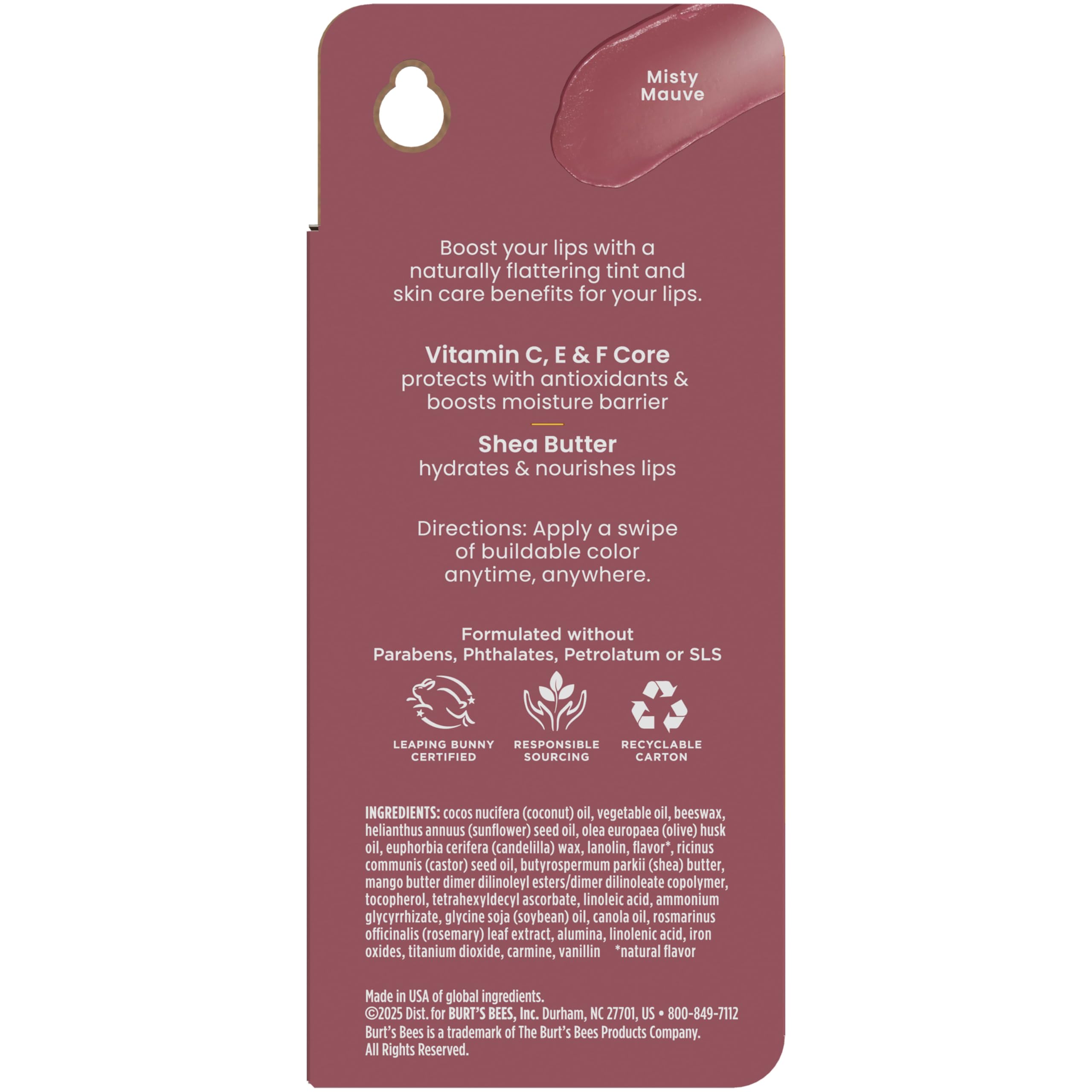 Burt’s Bees Stocking Stuffers Tinted Boosted Balm, Misty Mauve, Hydrating Tinted Lip Balm, 24 Hour Lip Moisturizer with Responsibly Sourced Beeswax, 100% Natural Origin, 1 Count, 0.16oz