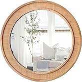 Tunjig Round Rattan Mirror, 24" Circle Wall Mirror, Farmhouse Wooden Vanity Mirror with Handmade Wicker Frame, Decorative Boho Mirror for Nursery Bedroom Living Room Entryway Nature