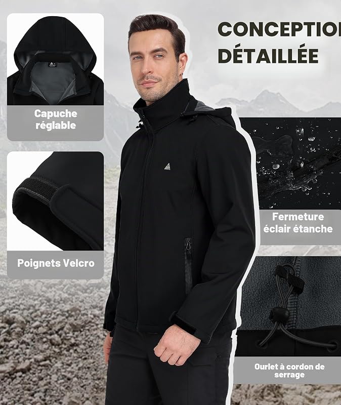 Veste Softshell Hommes Imperméable Coupe-vent Veste Hiver Manteau Doublée Polaire à Capuche Outdoor Blouson Mi Saison pour Randonnée Camping Travail Pêche Noir XL — photo 4 sur 6