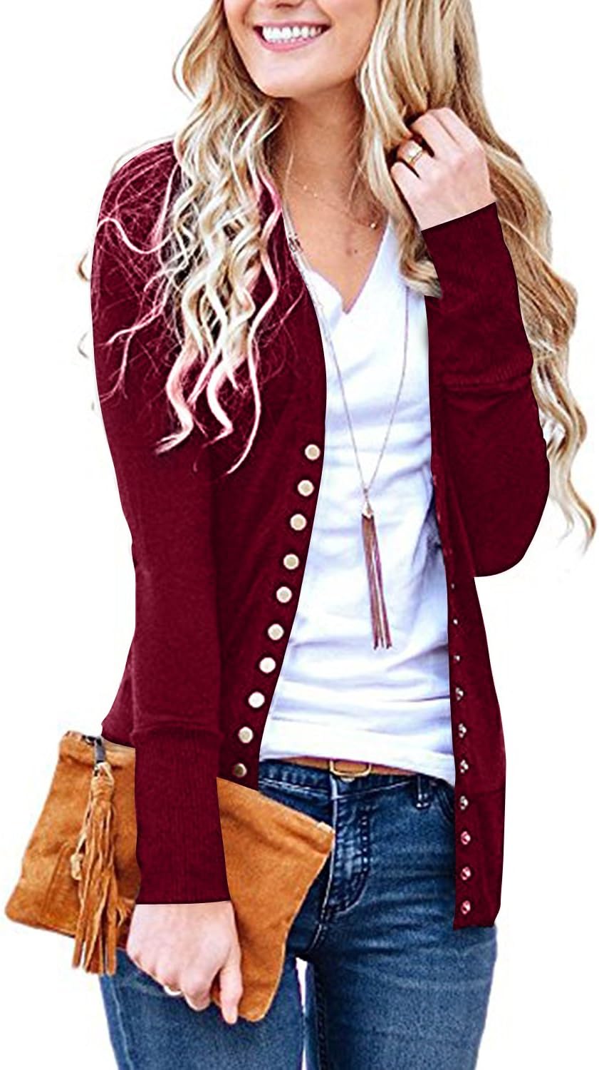 Women's S-3XL Solid Button Front Knitwears Long Sleeve Casual Cardigans Burgundy L