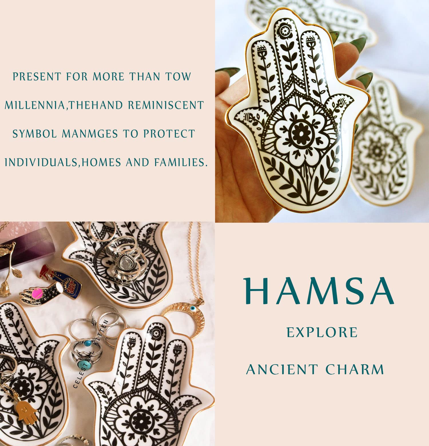 Jewelry Trinket Ring Dish Ceramic Hamsa Evil Eye Hand of Fatima Holder Key Ashtary Trinket Plate Bowl Small Boho Home Decorative Cute Decor Jewelry Tray Dish Gift Mom Brithday