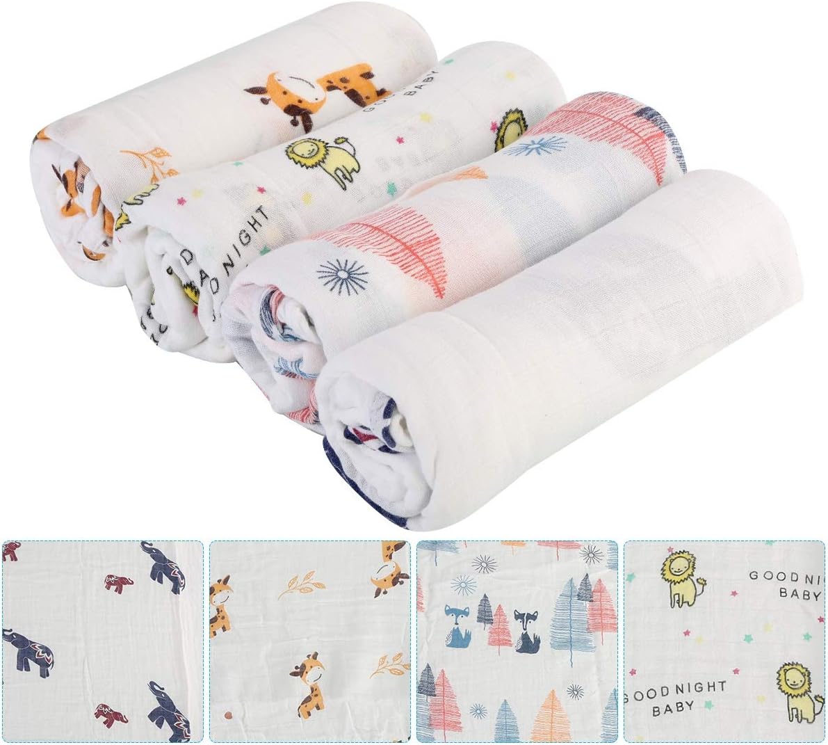 Haokaini 4Pcs Newborn Baby Receiving Blanket, Cartoon Animal Swaddle Blanket for Infant, Neutral Muslin Wraps Blanket