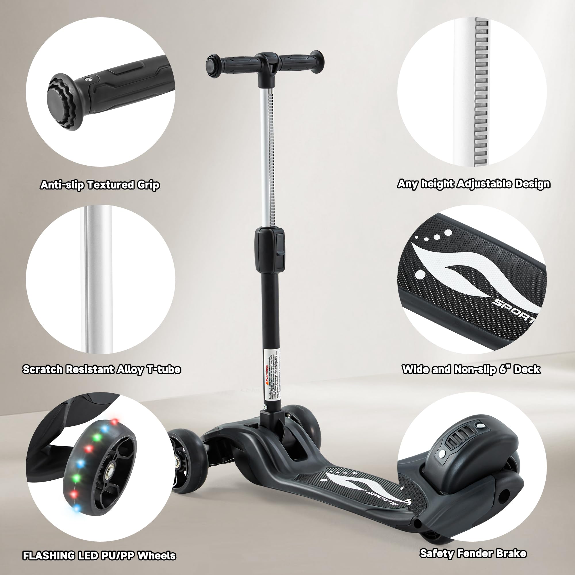 GLAMUP Kids Kick Scooter 3 Wheels, Kids Scooter Height Adjustable Handlebar, Lean-to-Steer System & Easy-Folding Mechanism, Ages 3-14 Boys and Girls