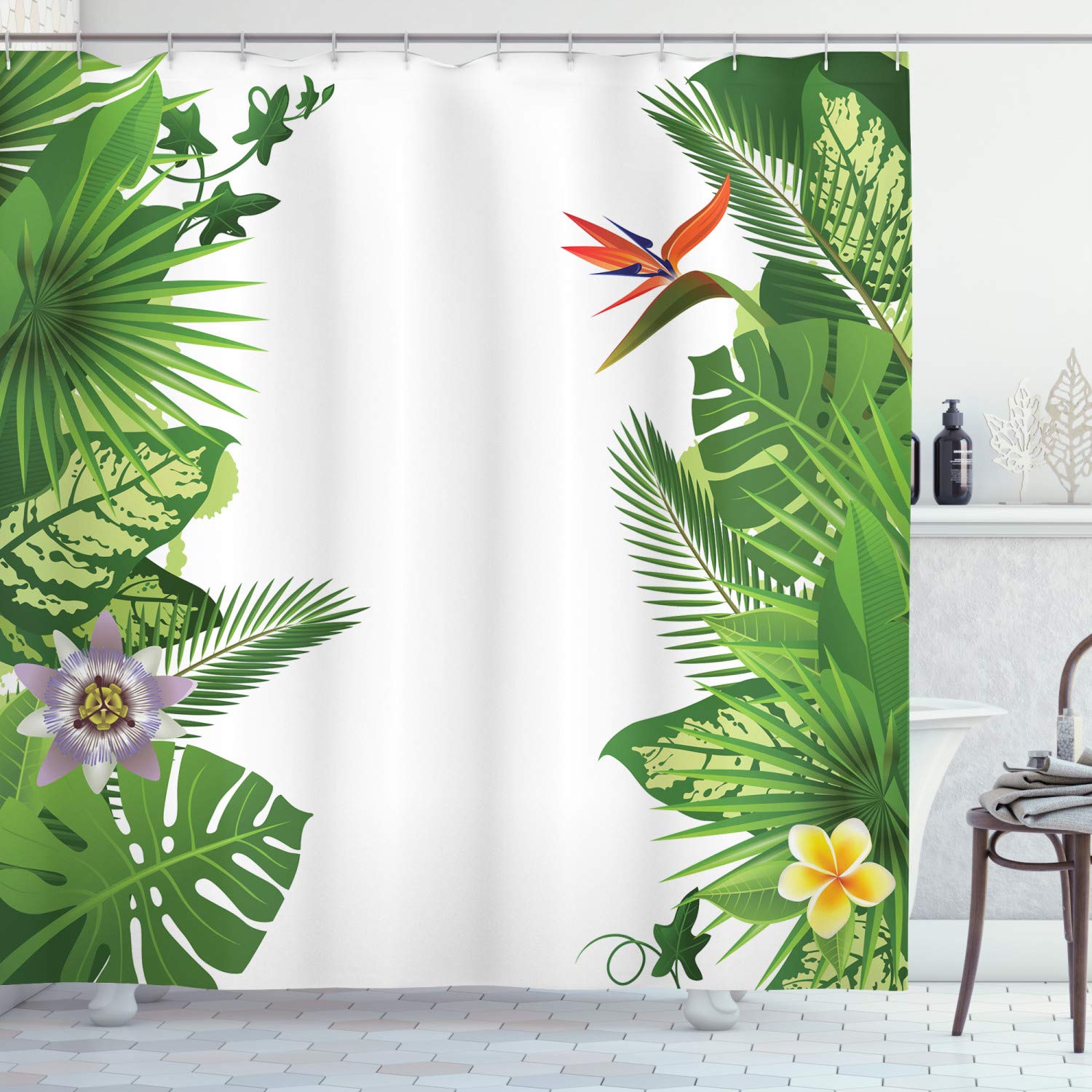 ABAKUHAUS Tropical Shower Curtain, Growth Rainforest of Hawaii with Frangipani Philodendron Birds of Paradise, Cloth Fabric Bathroom Decor Set with Hooks, 94 Inches, Multicolor โ image 1
