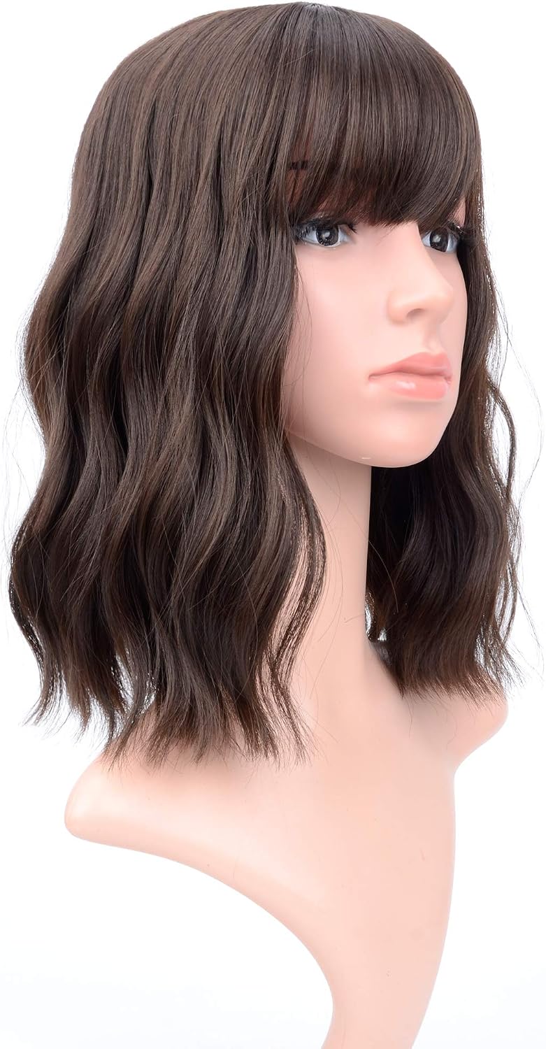 VCKOVCKO Short Bob Waves, Natural Brown, Wavy Synthetic Women's Shoulder Wig, Air Bangs, 12", 4#, 12 inch (Pack of 1) - Image 5