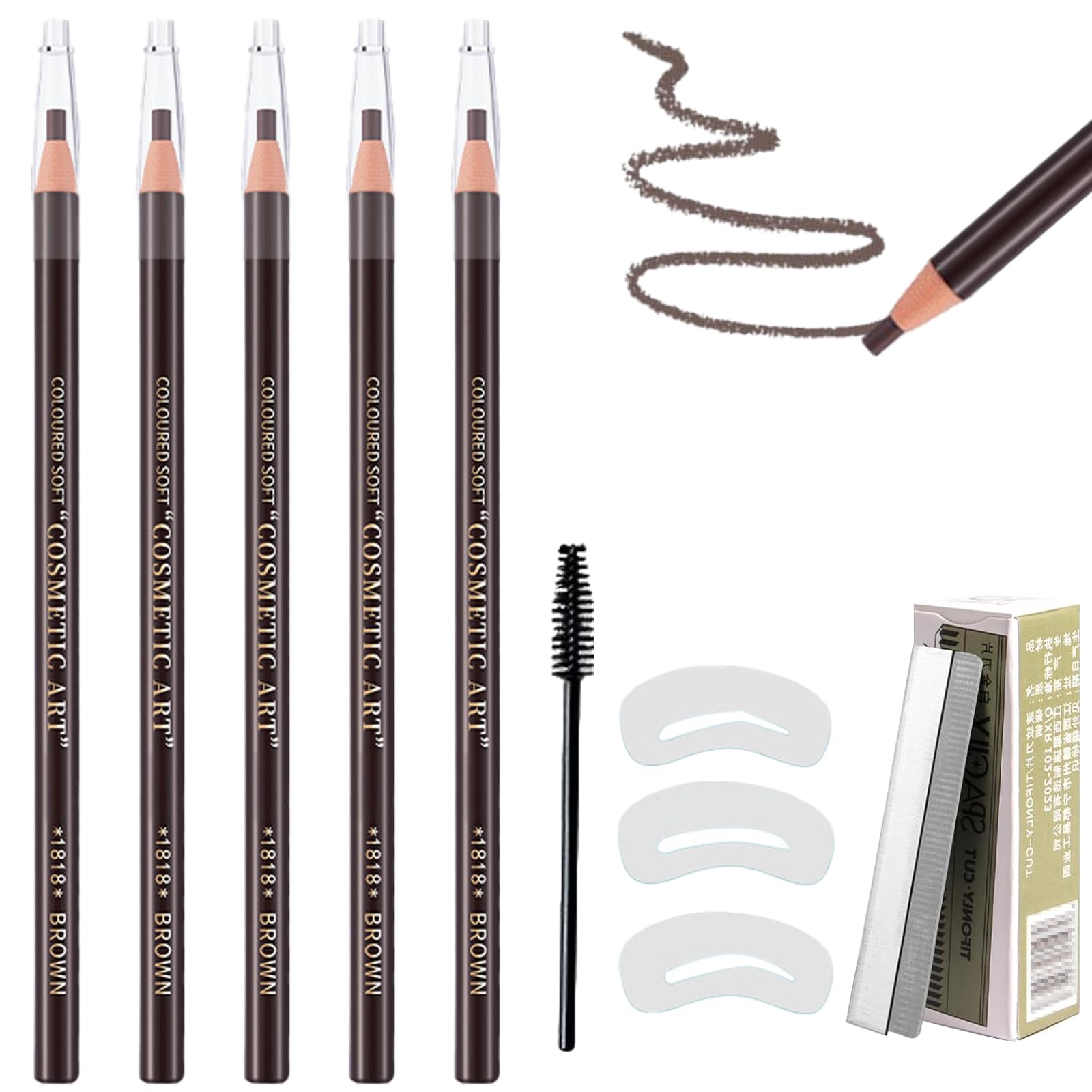 Waterproof Eyebrow Liner Kit - Includes 5 Brown Pencils, a Small Box of Blades, Eyebrow Cards and an Eyebrow Comb - Permanent Eyebrow Pencil Set (Brown)